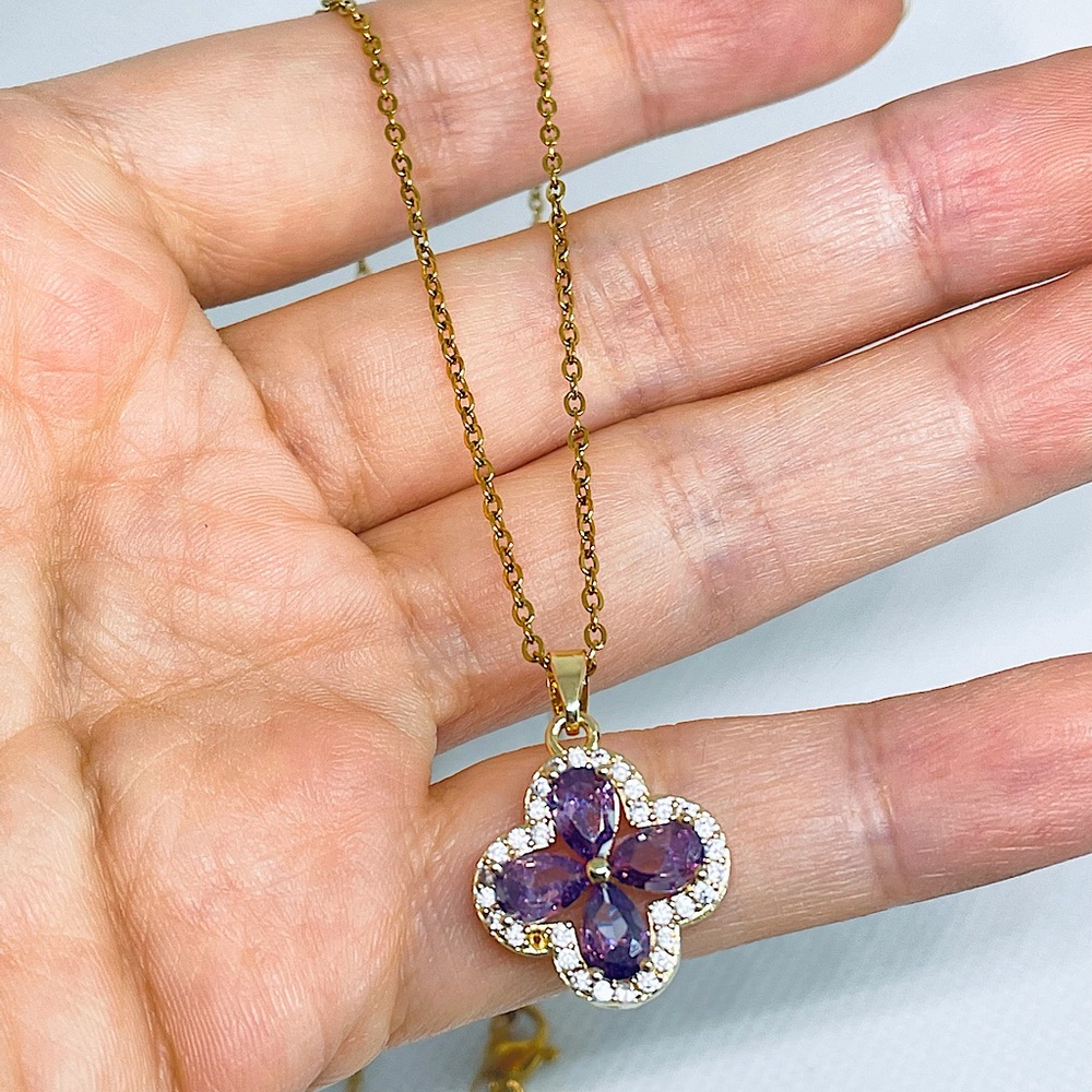 COPY - New Gold Light Purple Crystal Flower Necklace